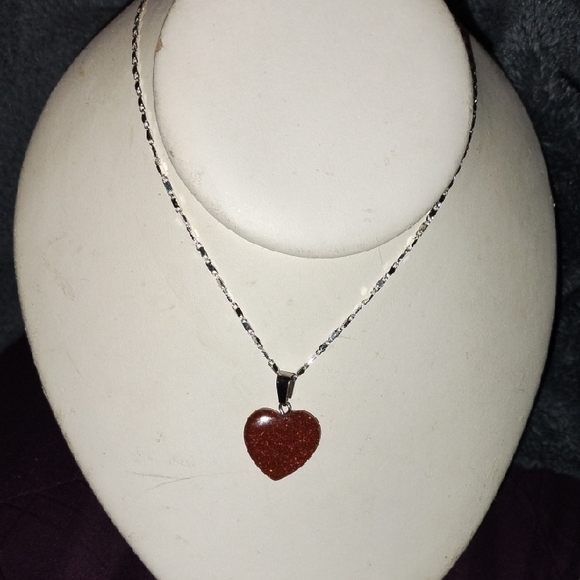 None Jewelry - Silvertone Heart Sandstone Pendant Necklace